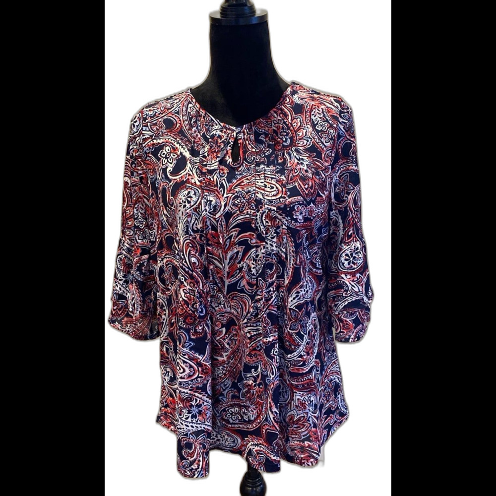 Roz & Ali Blouse Size Large Navy Red Paisley + Stretch Bell Sleeves Casual Top